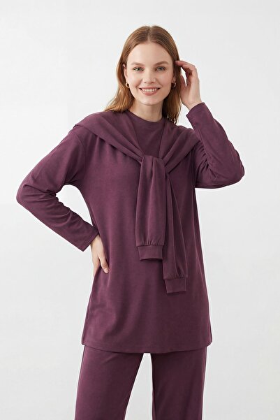 Puane طقم نسائي بياقة دائرية وقصة مريحة مع بنطلون - 14460TKS - بورجوندي