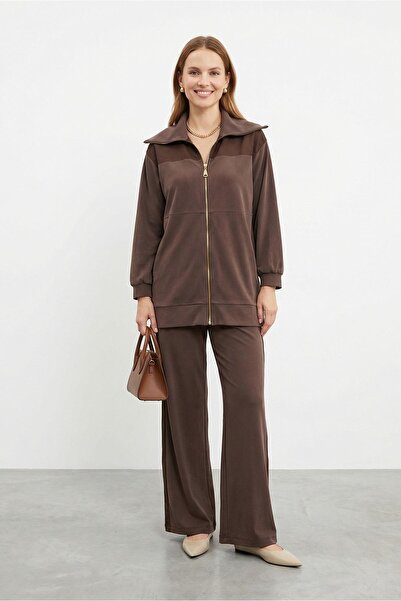 Puane Women's Wide Collar Zippered Premium Double Suit -14421Tks - Brown