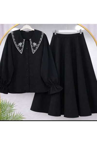 MODA VEDAT Women's Collar Embroidered Shirt - Puff Scuba Skirt Set -520