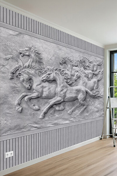 MİRAZAWALL Antik Rölyef At Motifli 3D Tek Parça Tekstil Duvar Kağıdı