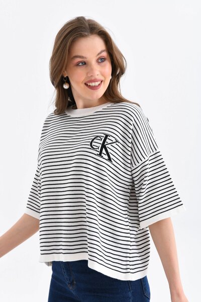 Park Karon Women's Crew Neck Striped Oversize Knitwear Sweater 10160