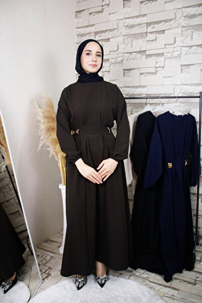 MODA ZÜHRA Gold Detaylı Belden Bağlamalı Doble Kumaş Elbise