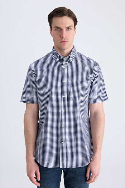 D'S Damat Ds Damat Regular Fit Navy Blue Checkered 100% Cotton Shirt