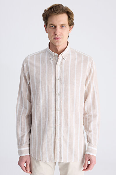 D'S Damat Ds Damat Comfort Beige Striped Patterned Linen Blend Shirt