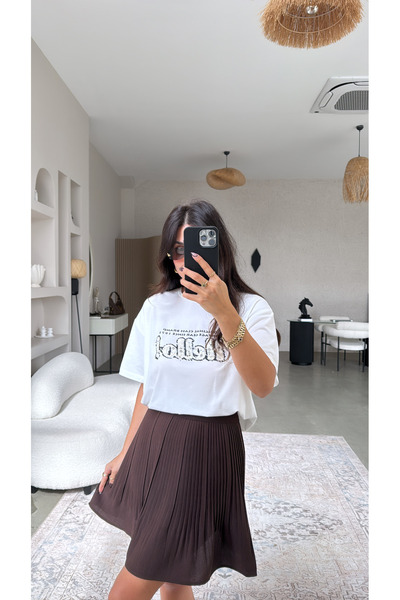 Buket Teke Brown Pleated Kiloş Skirt