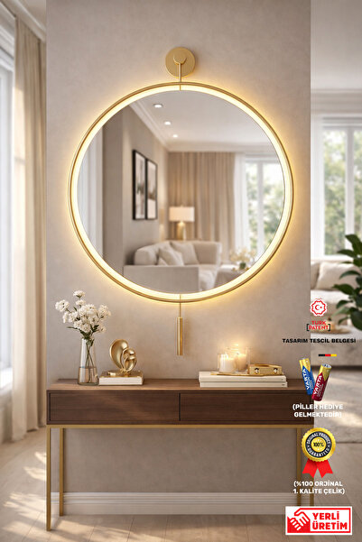MetaQuartz Aksesuar Kablosuz Ledli Luxry Mirror Ayna GOLD 50x75 - 60x75 Cm Du...