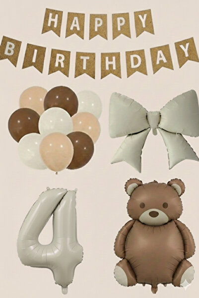 Çemrek Süs Parti Kraft Happy Birthday Lettering Foil Bear Balloon and Bow Bal...