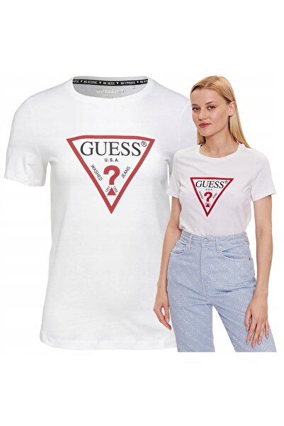 Guess Tricou alb pentru femei, bluză cu mânecă scurtă, logo mare, mărimea L