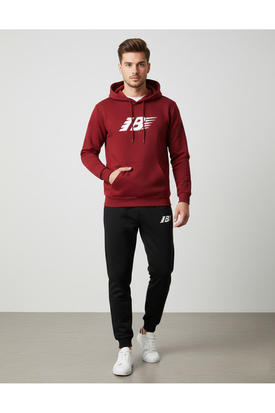 KVİNS Men's Red Hooded Slim Fit Sweatshirt and Sweatpants Set - Sporty Combin...