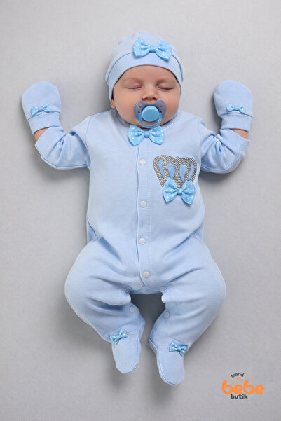 Baby Boy Newborn Jumpsuit Set 3pcs Blue Crown Embroidered Cotton Baby Jumpsuit,Hat,Gloves