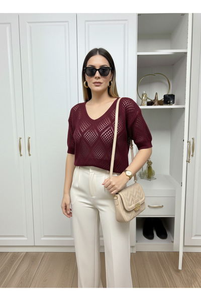 TUMA V-Neck Transparent Detailed Knitted Knitwear Blouse Summer Stylish Knitw...