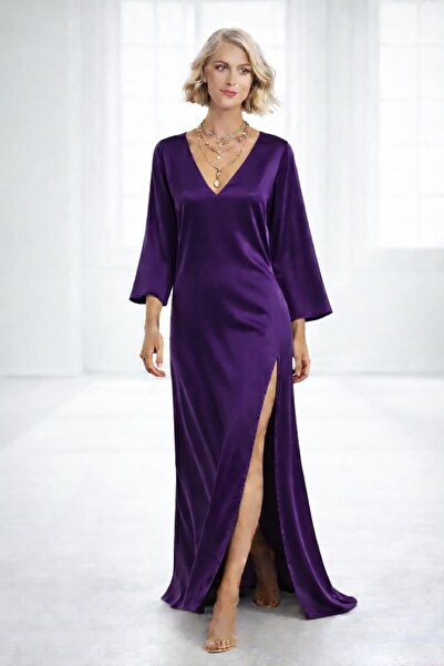 ALYEL NAKER V-Neck & One-Side Deep Slit Maxi Regular Satin Dress
