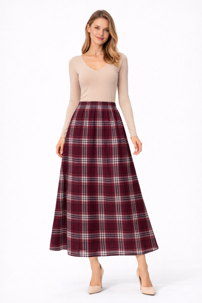 PINTORE Women's Plaid Patterned Burgundy Chiffon Skirt