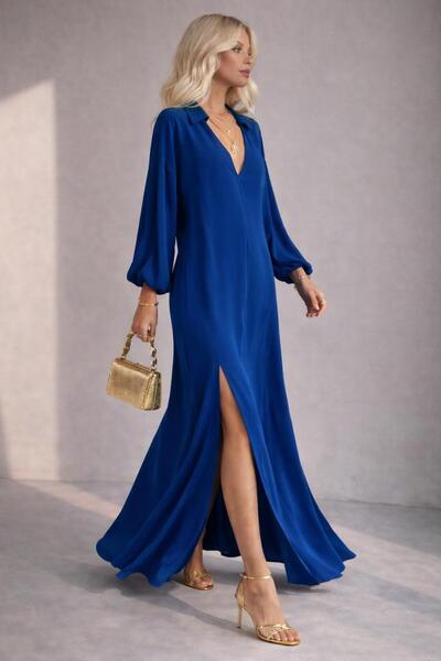 ALYEL NAKER Balloon Sleeves & Single Side Slit Detailed Maxi Loose Crepe Dress
