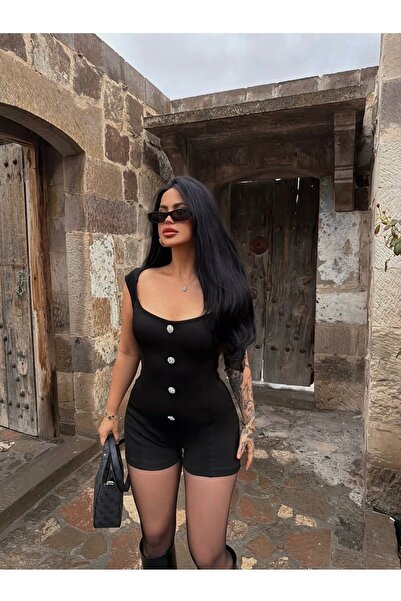 chize Trendy Double Layered Stone Button Detailed Jumpsuit