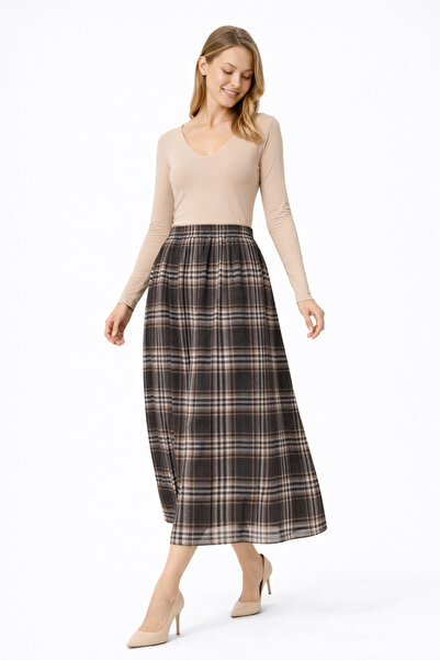 PINTORE Women's Plaid Patterned Black Chiffon Skirt
