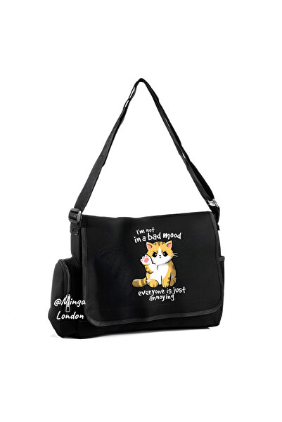 Minga London Geantă messenger cu imprimeu Black Bad Mood Cat -mingalondon