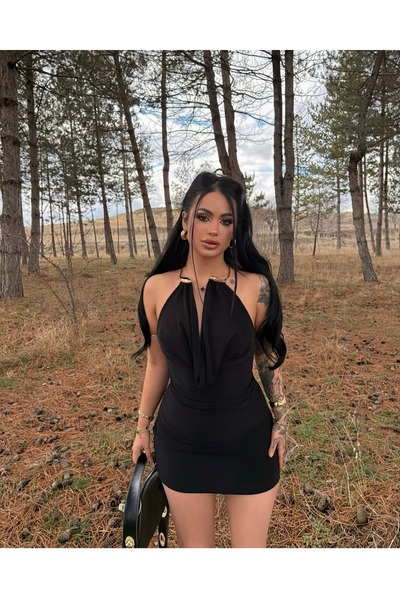 02Lady Fashion Trendy Dress with Neck Accessory