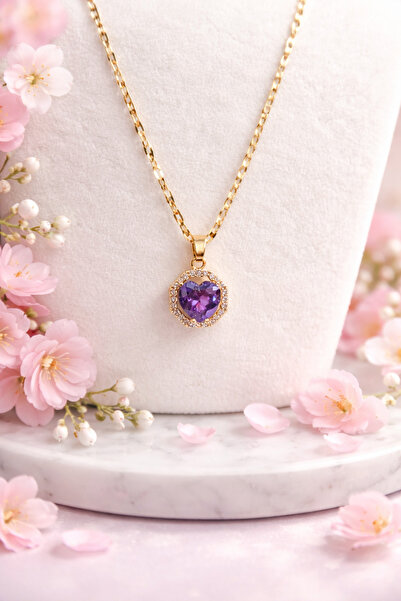 Yush aksesuar MOR KALPLİ GOLD AYNA ZİNCİR KADIN ÇELİK KOLYE