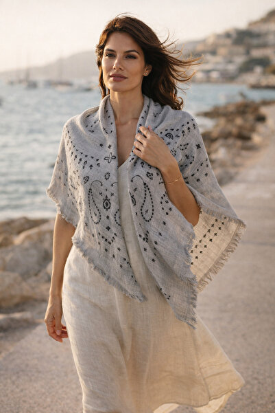 Luminos Butik Gray Kujten Patterned Cotton Shawl Sal1401