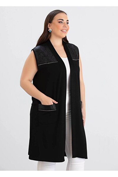 FOR ESRA BIG TREND Women's Plus Size Leather Look Stone Detailed Pocketed Sle...