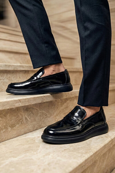 Ekonomik Ayakkabı Men's Black Shiny Classic Loafer Shoes – Laceless Office & ...