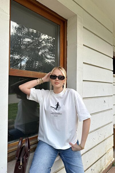 lizge giyim Cycling Collar Print Detail Oversize Tshirt