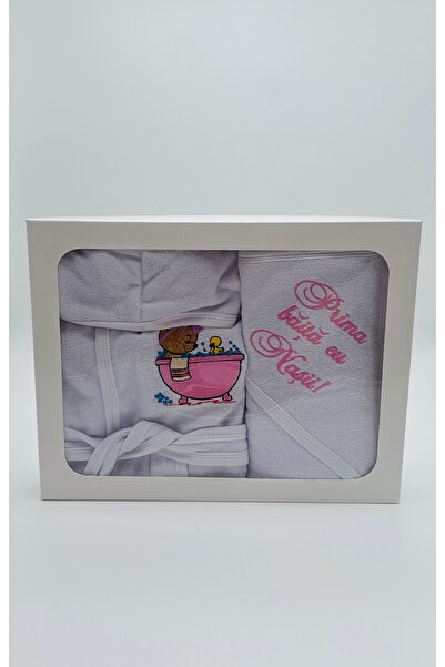 MOOKODI Set "Prima băiță cu Nașii"- halat si prosp, ursuleț roz