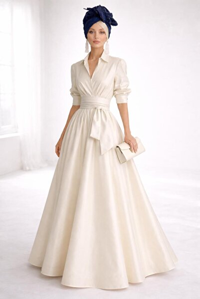 ALYEL NAKER Maxi Taffeta Shirt Dress with Belt and Two Full Circle Openings