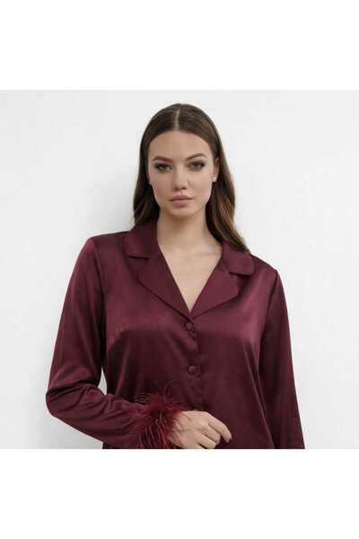 VELİNA GROUP Burgundy Satin Long Sleeve Pajama Set with Feather Detail