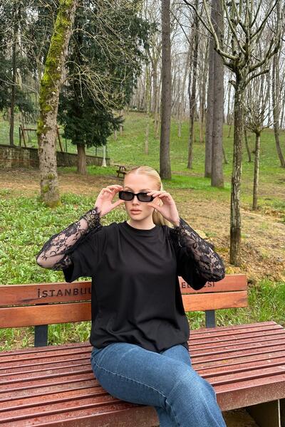 lizge giyim Kollari Lace Detail Modal Tshirt