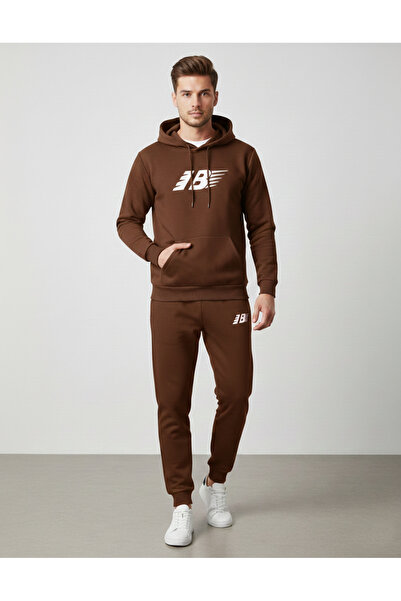 KVİNS Men's Brown Hooded Slim Fit Sweatshirt and Sweatpants Set - Sporty Comb...