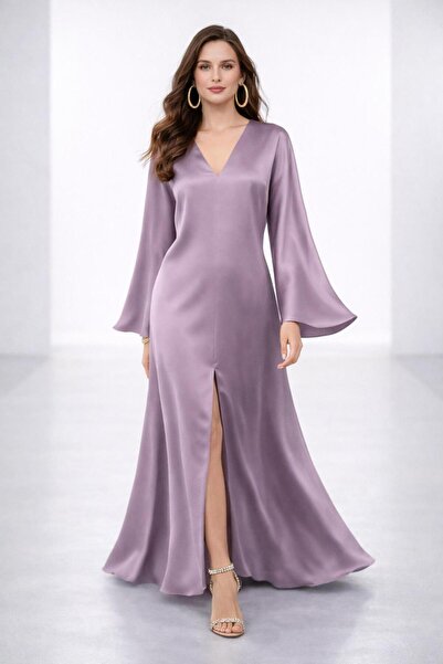 ALYEL NAKER Front Slit & A-Line Maxi Stylish Satin Dress