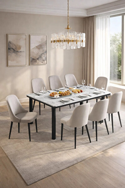 MARIA HOMES Modern 9-Piece Dining Set Faux Marble Table 180cm with 8 Light Gr...