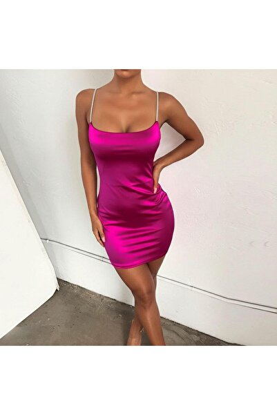 Modafeminen Fuchsia Thin Straps Satin Mini Dress 582127