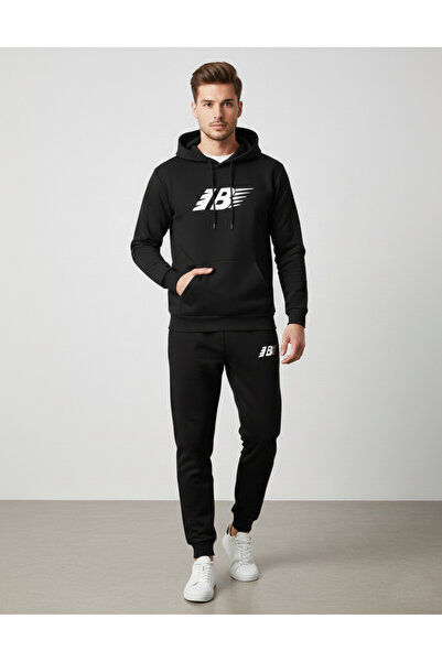 KVİNS Men's Black Hooded Slim Fit Sweatshirt and Sweatpants Set - Sports Outf...