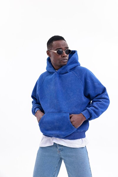 Butik Asit yıkamalı Mavi Hoodie