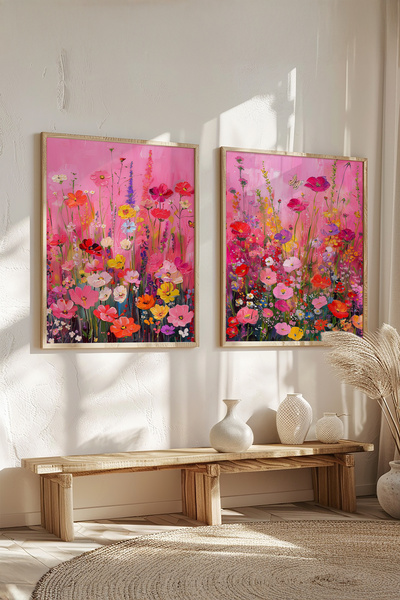 STARYUNA Wooden Framed Pink Flower Garden Patterned Double Painting Set Yuna539