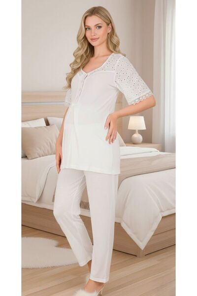 Lohussa New Season Ecru Short Sleeve Scallop Linen Detailed Special Design Su...