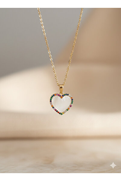 deluxe takı ve giyim White Pearlescent Colored Stone Detailed Steel Heart Pen...