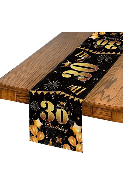 Other 30th Anniversary Table Runner - Durable Polyester , Elegant - Black Gol...