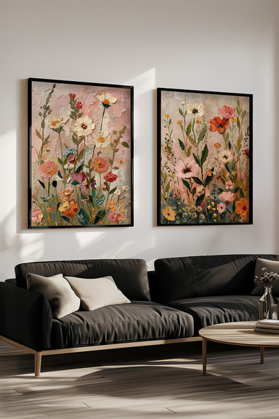 STARYUNA Black Wooden Framed Flower Garden Double Painting Set Yuna535