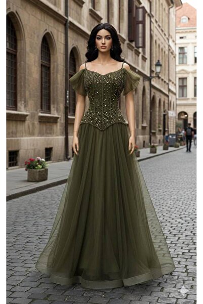 ranin Evening dress, tulle flared, embroidered with pearls and zircon