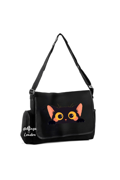 Minga London Black Cat Printed Messenger Bag with Black Pockets-Mingalondon