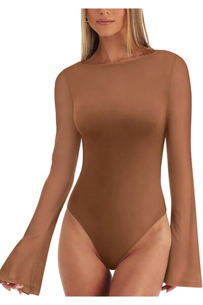 Other Elegant Women's Bodysuit with Bell Sleeves - Elastic Mesh, Vintage Styl...