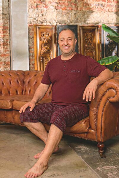 Aydoğan Men's Dinç Large Size Cotton Claret Red Bermuda Pajama Set 0083