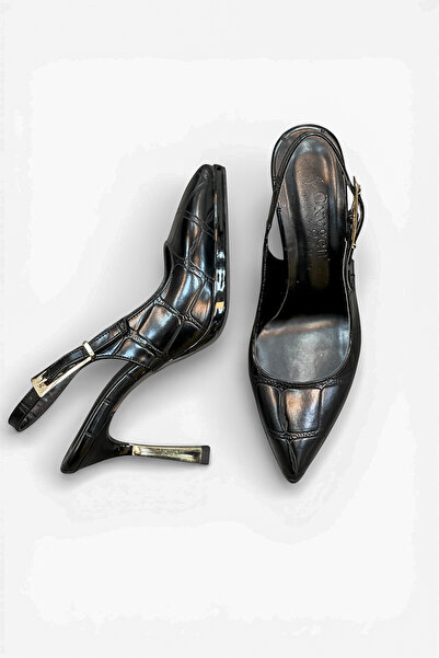 HANZE Kadın Siyah Platform Topuk Krokodil Desenli Sivri Stiletto OK2533