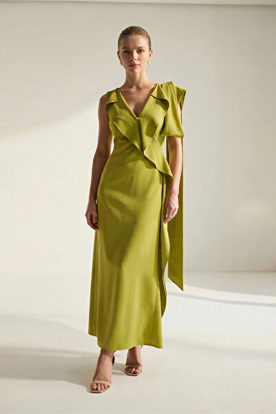 Setre Oil Green V-Neck Sleeveless Asymmetrical Detailed Midi Dress