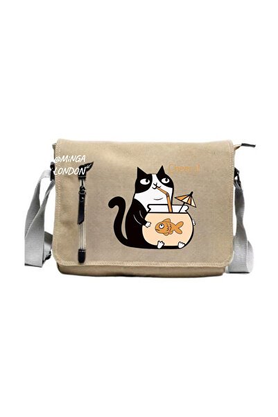 Minga London Beige Cat & Fish Printed Messenger Bag -Mingalondon
