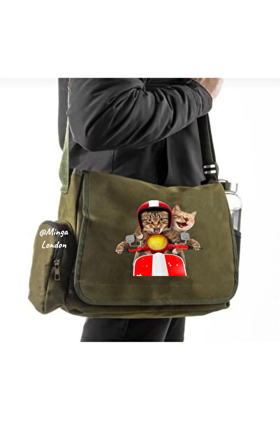 Minga London Khaki Motorcycle Cat Printed Messenger Bag -Mingalondon
